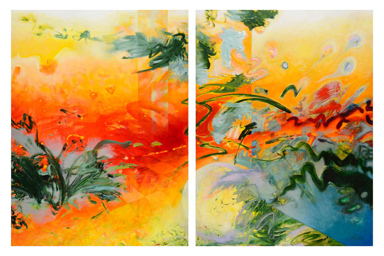 “From One Incarnation to the Next” Acrylic on wood panels Diptych 48” x 74” total, 2 panels 36 x 48 each